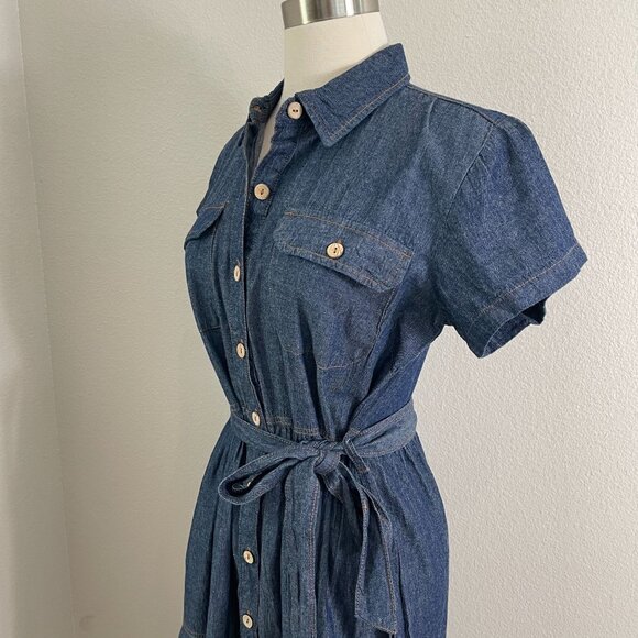 NEW J Gee Womens Small Denim Button Up Tiered Midi Dress Pockets & Belted Waist - Picture 6 of 12